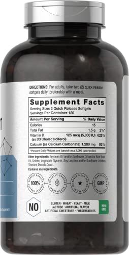 Calcium 1200 mg with Vitamin D3 | 240 Softgels 5000 IU Absorbable Supplement Non-GMO, Gluten Free by Horbaach