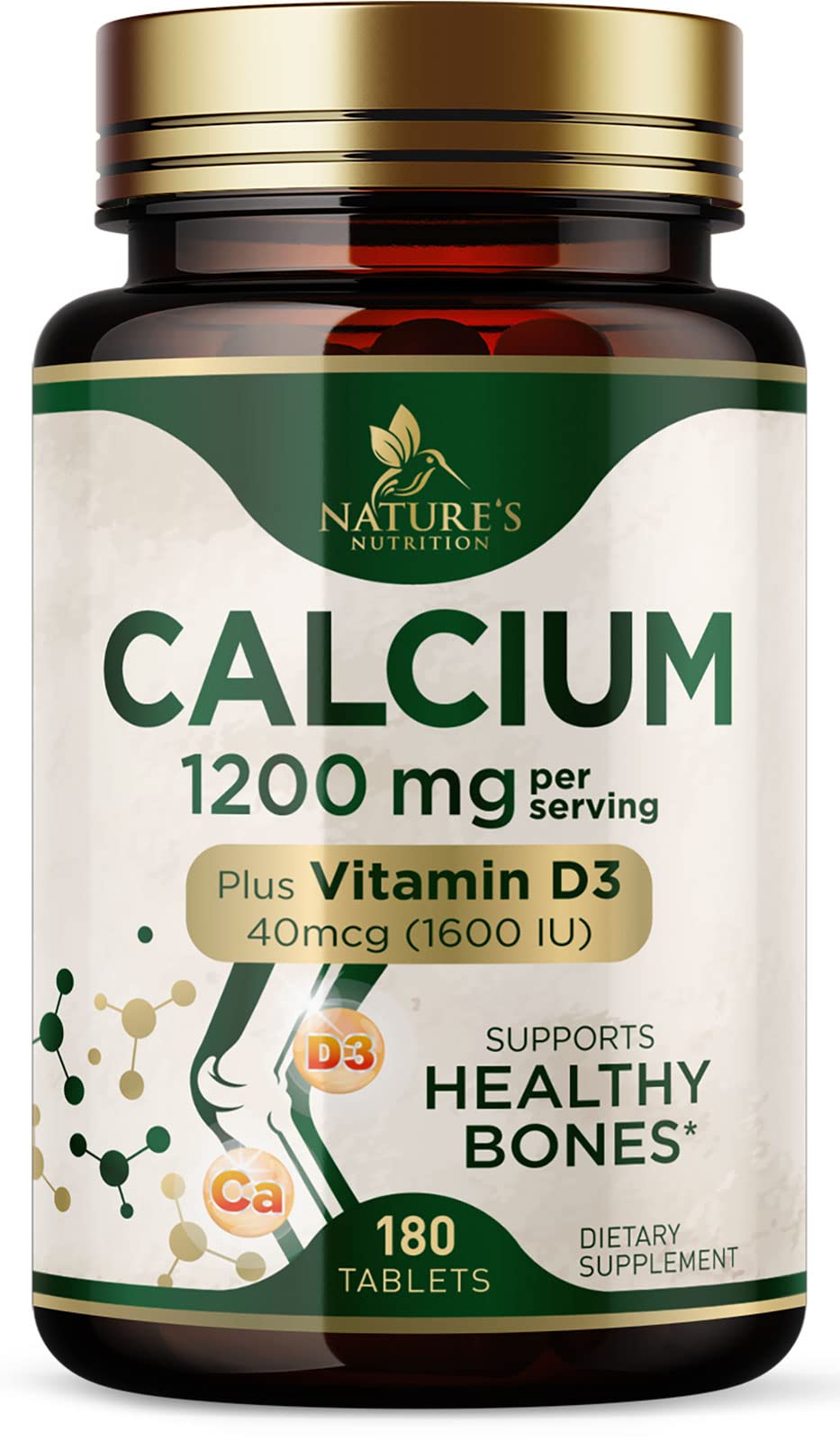 Calcium 1200 mg with Vitamin D3, Calcium Supplement Vitamins, Supports Bone Strength, Teeth & Immune System, Calcium Supplements for Women & Men, Nature's Absorbable Calcium Carbonate - 180 Tablets