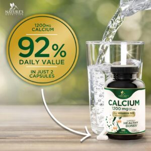 Calcium 1200 mg with Vitamin D3, Calcium Supplement Vitamins, Supports Bone Strength, Teeth & Immune System, Calcium Supplements for Women & Men, Nature's Absorbable Calcium Carbonate - 180 Tablets