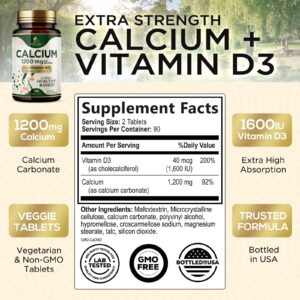 Calcium 1200 mg with Vitamin D3, Calcium Supplement Vitamins, Supports Bone Strength, Teeth & Immune System, Calcium Supplements for Women & Men, Nature's Absorbable Calcium Carbonate - 180 Tablets