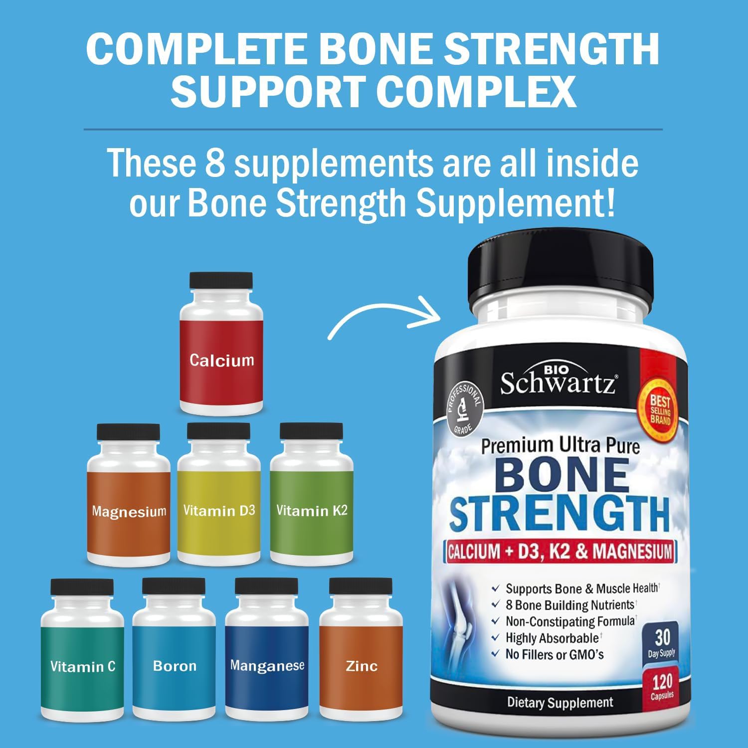 Bone Strength Calcium Supplement - With Calcium, Vitamin D3, K2, C, Magnesium, Zinc - 8 Bone-Building Nutrients, High Absorption, Non-Constipating Formula - 120 Veggie Capsules for Optimal Bone Health