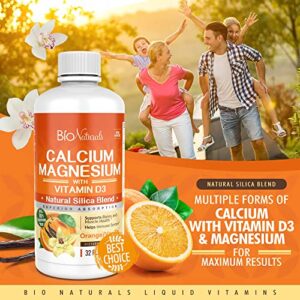 Bio Naturals Calcium & Magnesium Liquid Supplement with Vitamin D3 - Natural Formula, FOUR Types of Calcium Supports Strong Bones with Superior Absorption to Pills - 100% Vegetarian - 32 fl oz