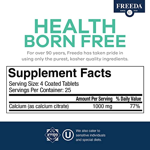 Freeda Calcium Citrate - Kosher Vegan Calcium Supplement for Women & Men - Bone Health & Joint Support - Calcium 1000mg per serving - Calcium Citrate 1000mg Tablets Calcium without Vitamin D (250 Ct)