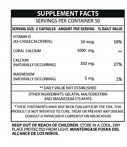 Calcio de Coral Set de 2 frascos con 100 capsulas CADA uno. Reforzado con Vitamina D y Magnesio.Combate: Cansancio, Dolor de huesos, insomnio, Calambres, Artritis. 100% Natural.