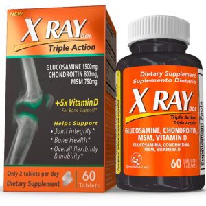 X Ray Dol Triple Action Glucosamine Chondroitin Joint Support Supplement, with MSM & 5X Vitamin D, Knee & Hip, Supports Bone Health, Flexibility & Mobility, Adults & Seniors, 60 Count, 1-Pack