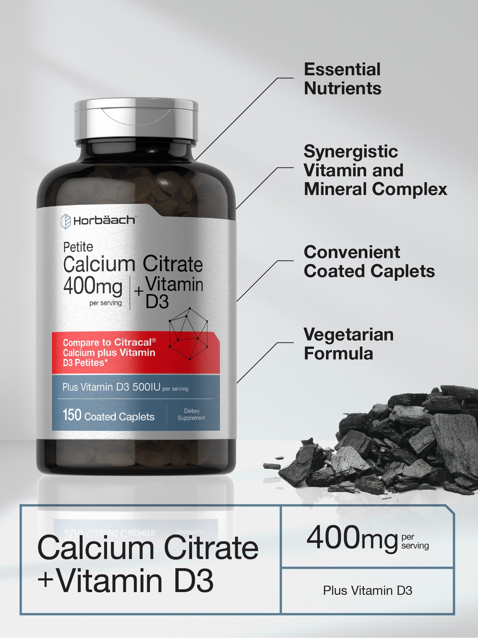 Horbäach Calcium Citrate with Vitamin D3 | 150 Petites | Vegetarian Supplement | Non-GMO, Gluten Free