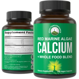 Plant Based Calcium - Red Marine Algae Calcium Supplement with Vitamin C, D3, K, Magnesium, and Whole Food Vegetable Blend. Vegan Capsules for Bones and Joints. 120 Calcium Pills, Tablets