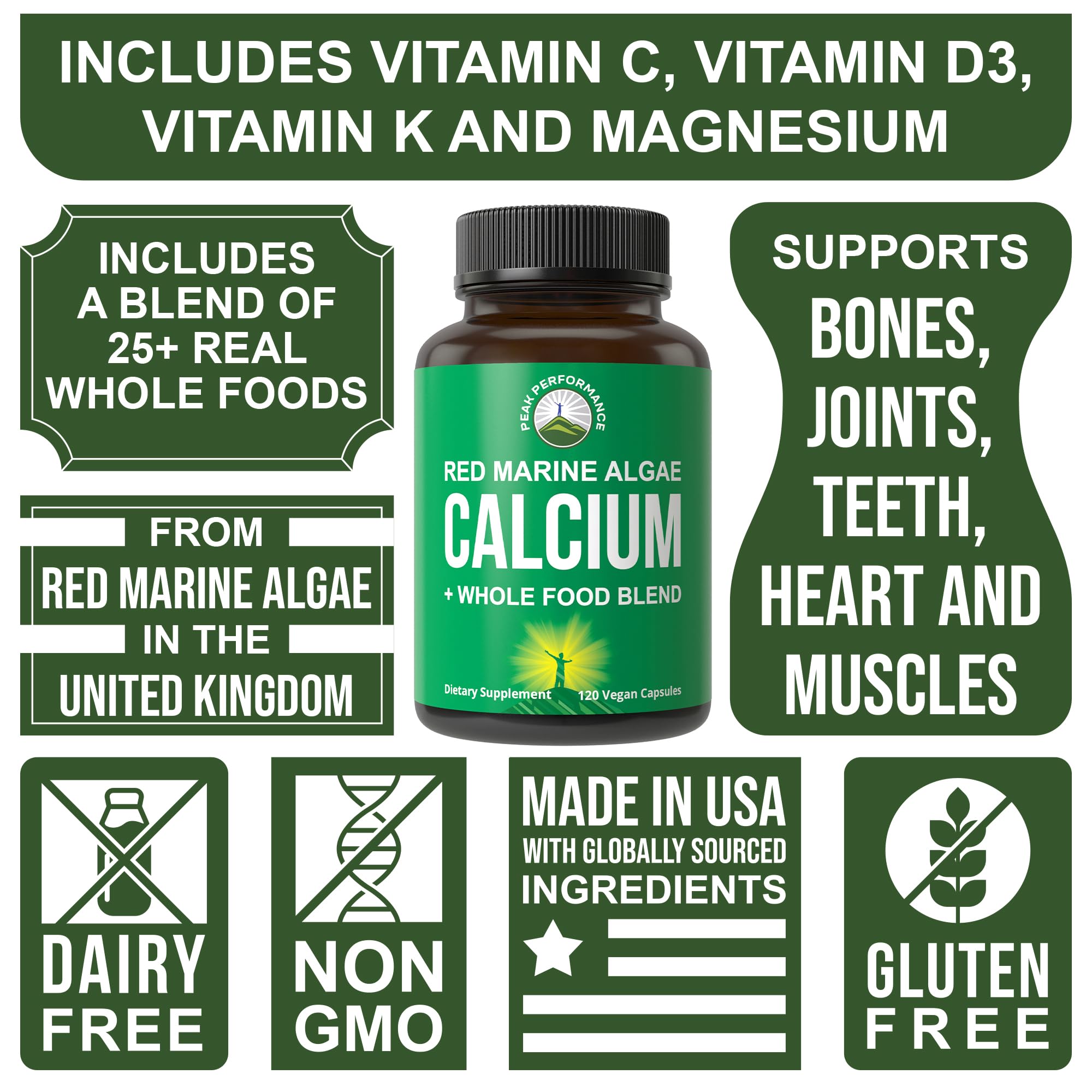 Plant Based Calcium - Red Marine Algae Calcium Supplement with Vitamin C, D3, K, Magnesium, and Whole Food Vegetable Blend. Vegan Capsules for Bones and Joints. 120 Calcium Pills, Tablets