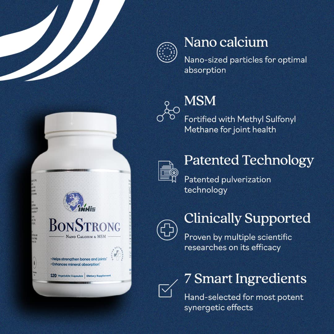 BonStrong Nano Calcium & MSM - Patented Nanotechnology with Vitamin D & K, Magnesium, Zinc, Selenium, and MSM for Bone & Joint Health - 120 Veggie Caps