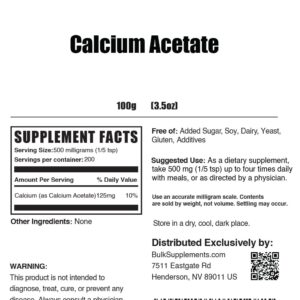 BulkSupplements.com Calcium Acetate Powder - Calcium Supplement, Calcium Acetate Supplement - Food Grade & Gluten Free, 500mg (125mg Calcium) per Serving, 100g (3.5 oz) (Pack of 1)