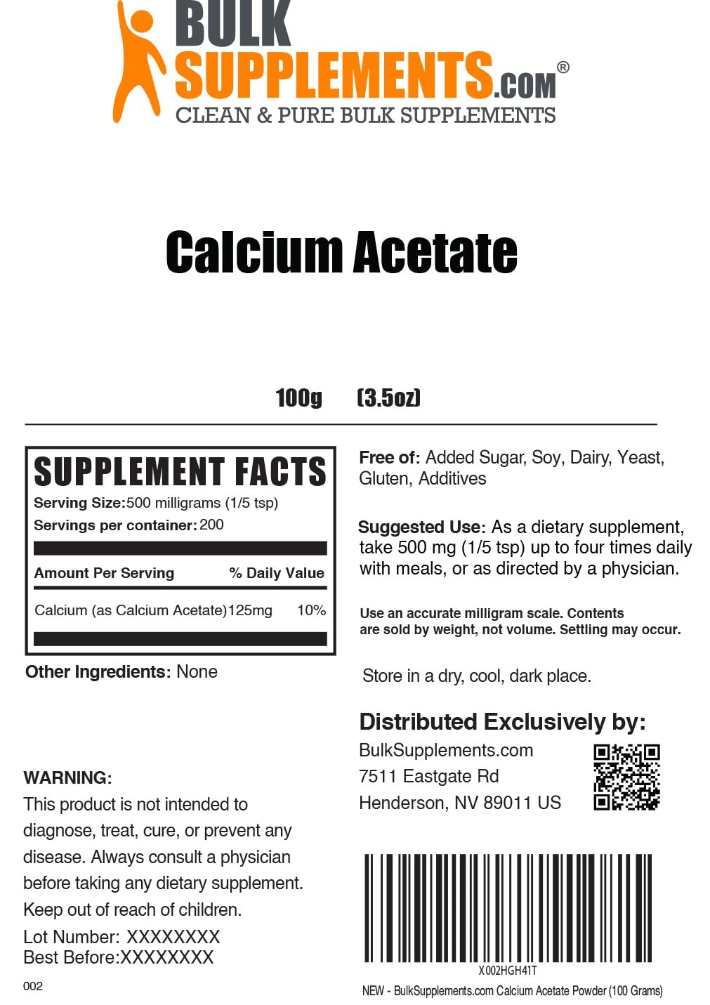 BulkSupplements.com Calcium Acetate Powder - Calcium Supplement, Calcium Acetate Supplement - Food Grade & Gluten Free, 500mg (125mg Calcium) per Serving, 100g (3.5 oz) (Pack of 1)