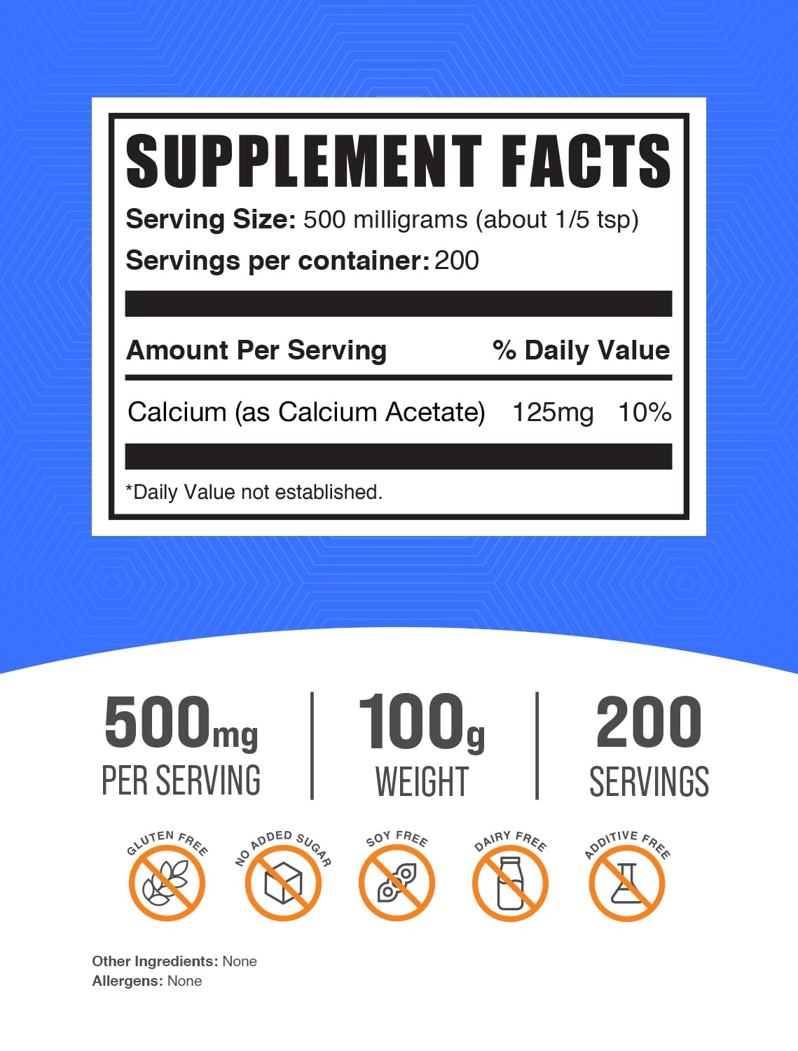 BulkSupplements.com Calcium Acetate Powder - Calcium Supplement, Calcium Acetate Supplement - Food Grade & Gluten Free, 500mg (125mg Calcium) per Serving, 100g (3.5 oz) (Pack of 1)