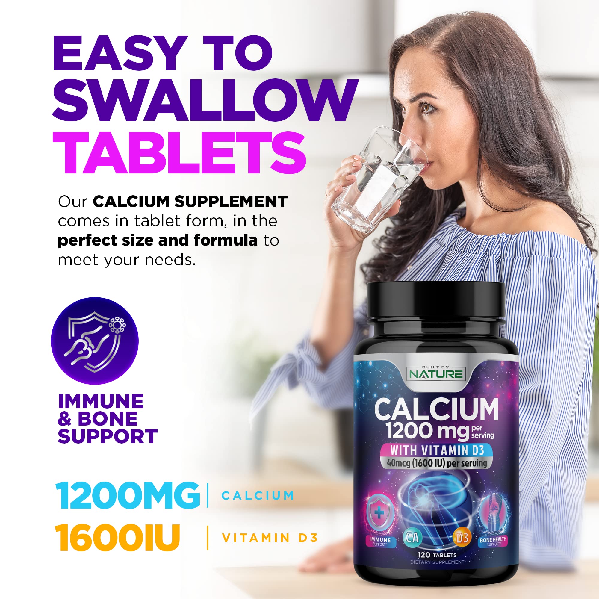 Calcium 1200mg with Vitamin D3 for Best Absorption - Advanced Bone Support Supplement, 1200 mg Calcium Carbonate & 1600 IU Vitamin D3, Slow Release for Immune Support, Easy to Swallow, 120 Tablets