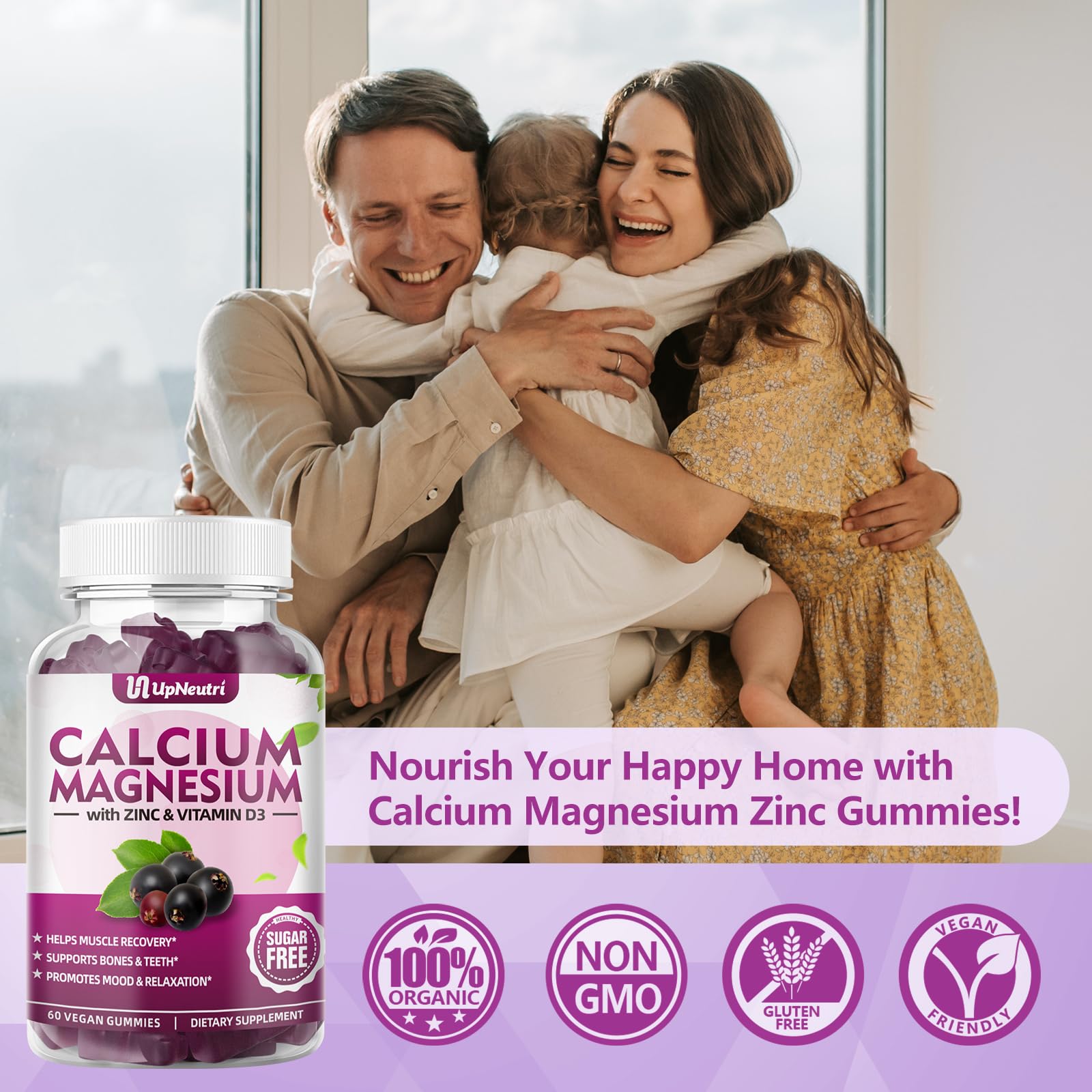 Calcium Magnesium Zinc with Vitamin D3 Supplement, Sugar Free Calcium Gummies for Women Men, High Absorption Zinc Gummies for Bone & Muscle & Immune Health, Vegan Elderberry Flavor - 60 Count