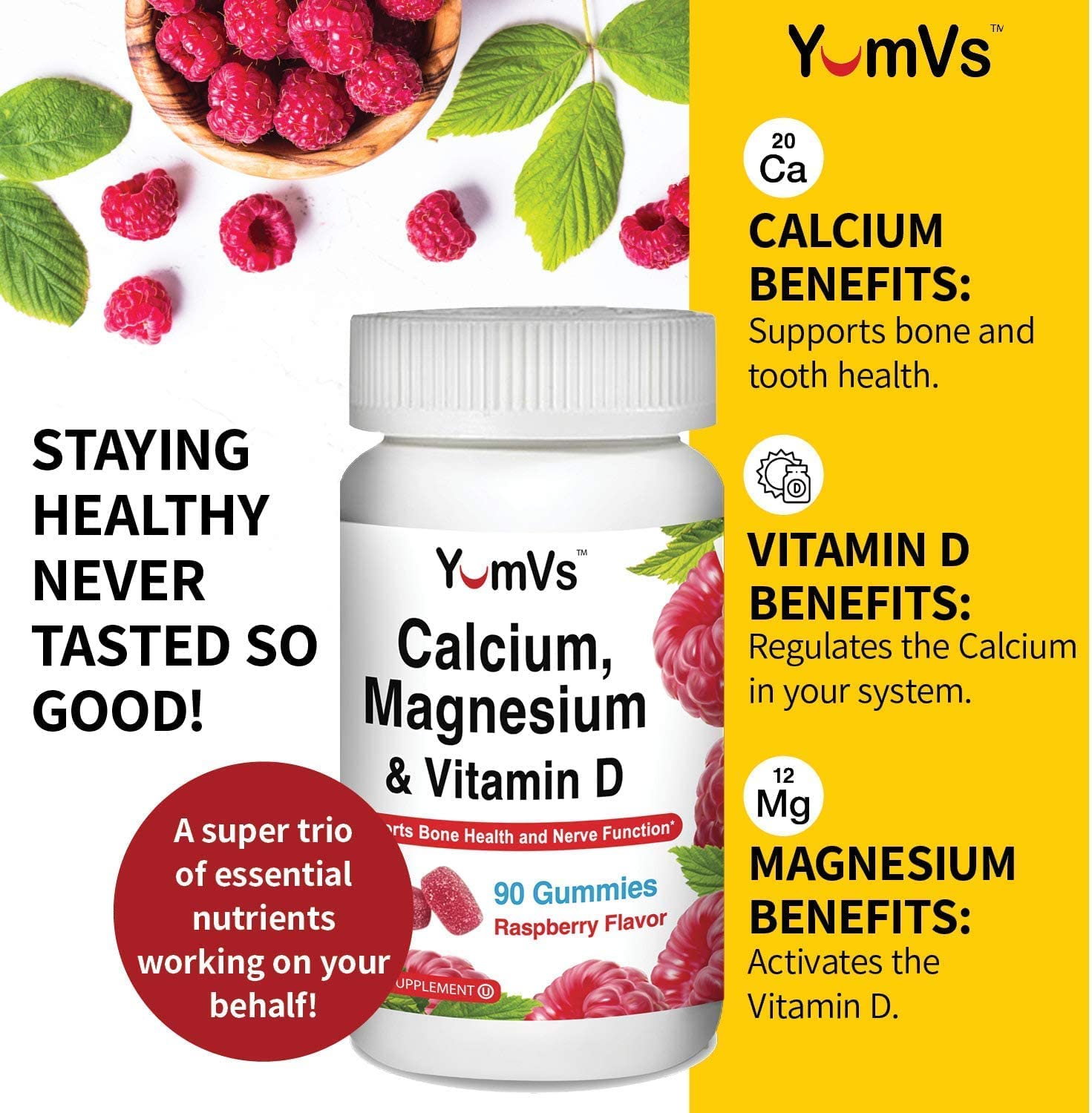 Yum-V Calcium, Magnesium, Vitamin D3 Gummies (90 Count) Vitamin Gummies for Women, Men & Kids - Calcium Supplement for Strong Bone Health - Gummy Vitamin D Calcium Chews - Certified Kosher - Pack Of 2