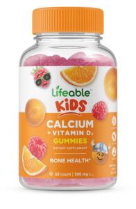 lifeable calcium 500 mg with vitamin d3 1000 iu gummies for kids - natural flavor vitamin supplements - gluten free gmo-free chewable - for bone, groth, teeth - for children - 60 gummies