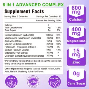 High Absorption Calcium Magnesium Zinc Gummies, Sugar Free Calcium Magnesium Supplement with Potassium Vitamin D3 for Bone & Teeth Strength, Muscle Function - Vegan, Blueberry Flavor 120 Cts