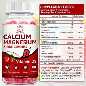 BBEEAAUU Calcium, Magnesium, Zinc & Vitamin D Gummies - 2 Pack | Vitamins for Women, Men & Kids | Calcium Supplements for Strong Healthy Bones, Zinc Gummies, Gluten-Free, Vegan - 120 Count