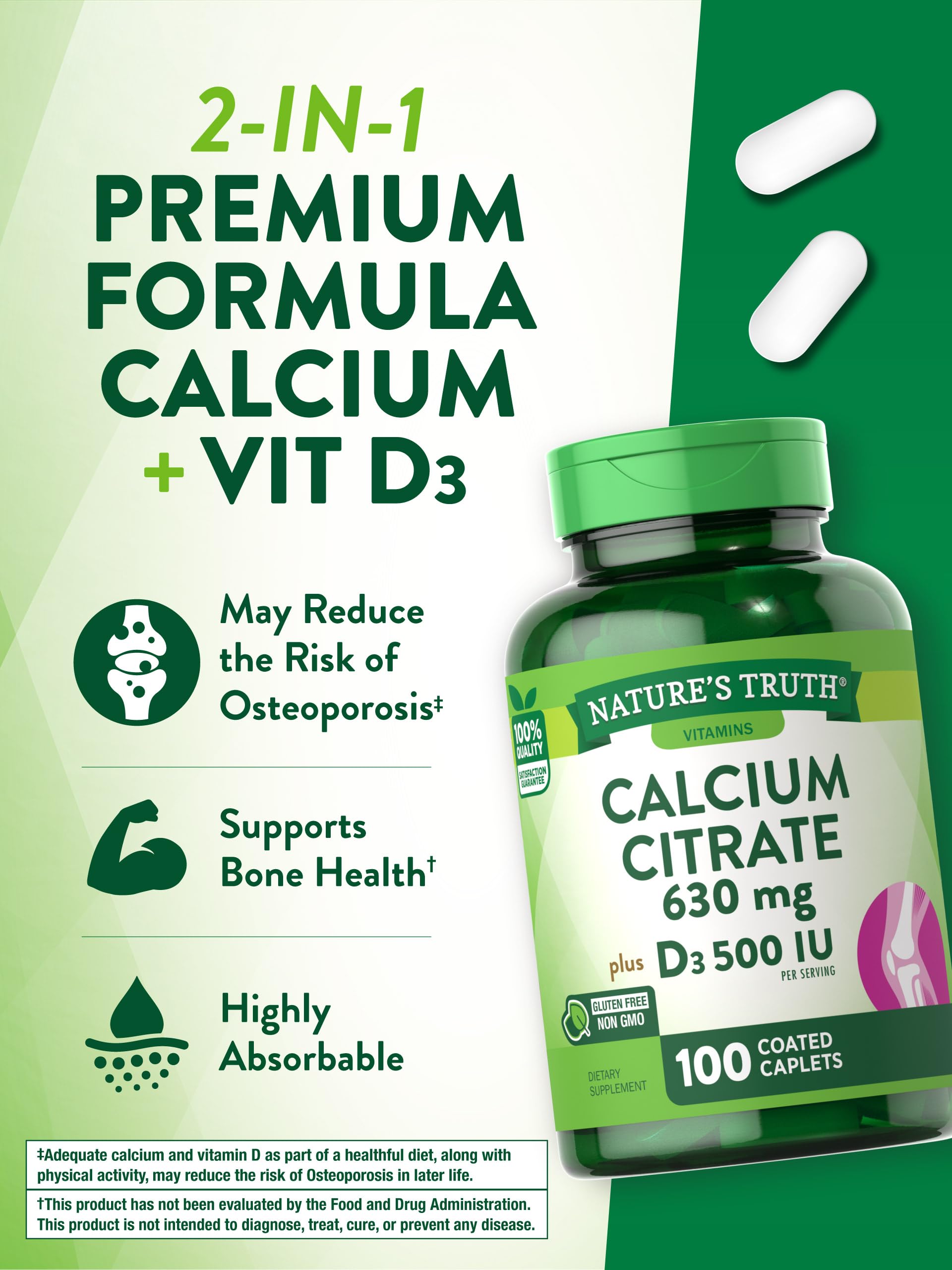 Calcium Citrate with Vitamin D3 | 100 Caplets | Non-GMO, Gluten Free Supplement | by Nature's Truth