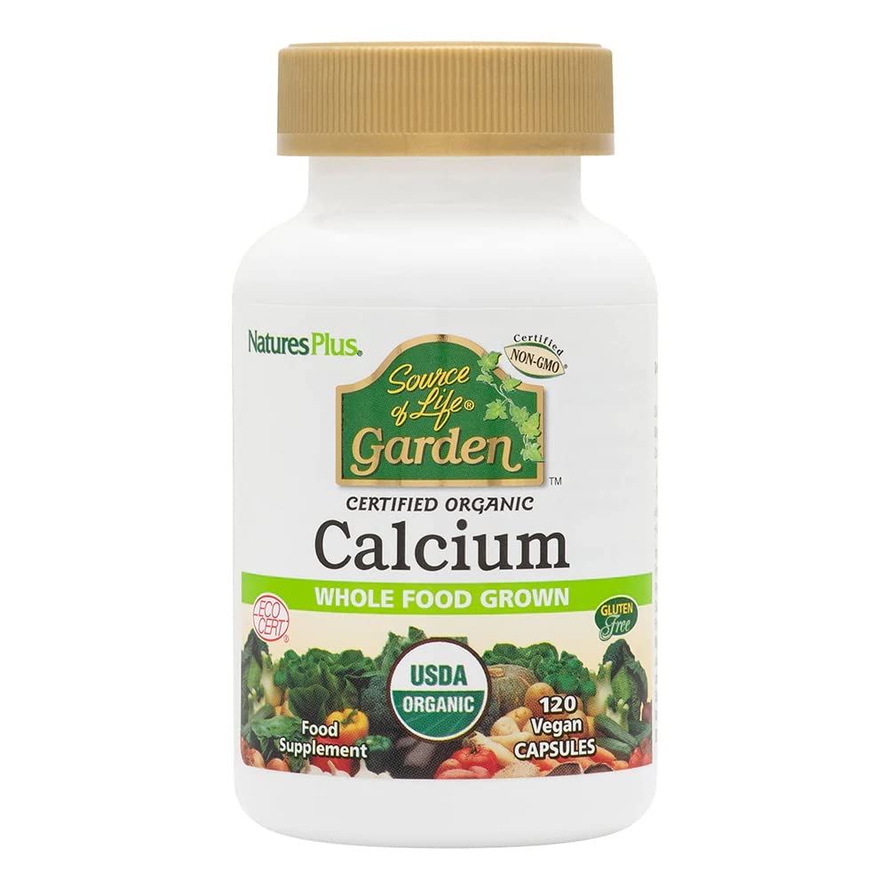 NaturesPlus Source of Life Garden Certified Organic Calcium with AlgaeCal - 1000 mg, 120 Vegan Capsules - Plant-Based Bone Health Support Supplement - Vegetarian, Gluten-Free - 30 Servings