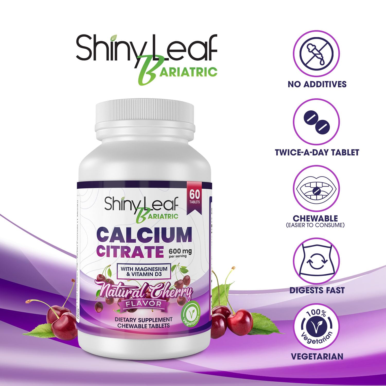 Shiny Leaf Bariatric Calcium Citrate 600 mg Supplement for Bariatric Surgery Patients, 60 Ct Chewable Tablets with Magnesium, Vitamin D3, Natural Cherry Flavor, Vegetarian (1 Month)