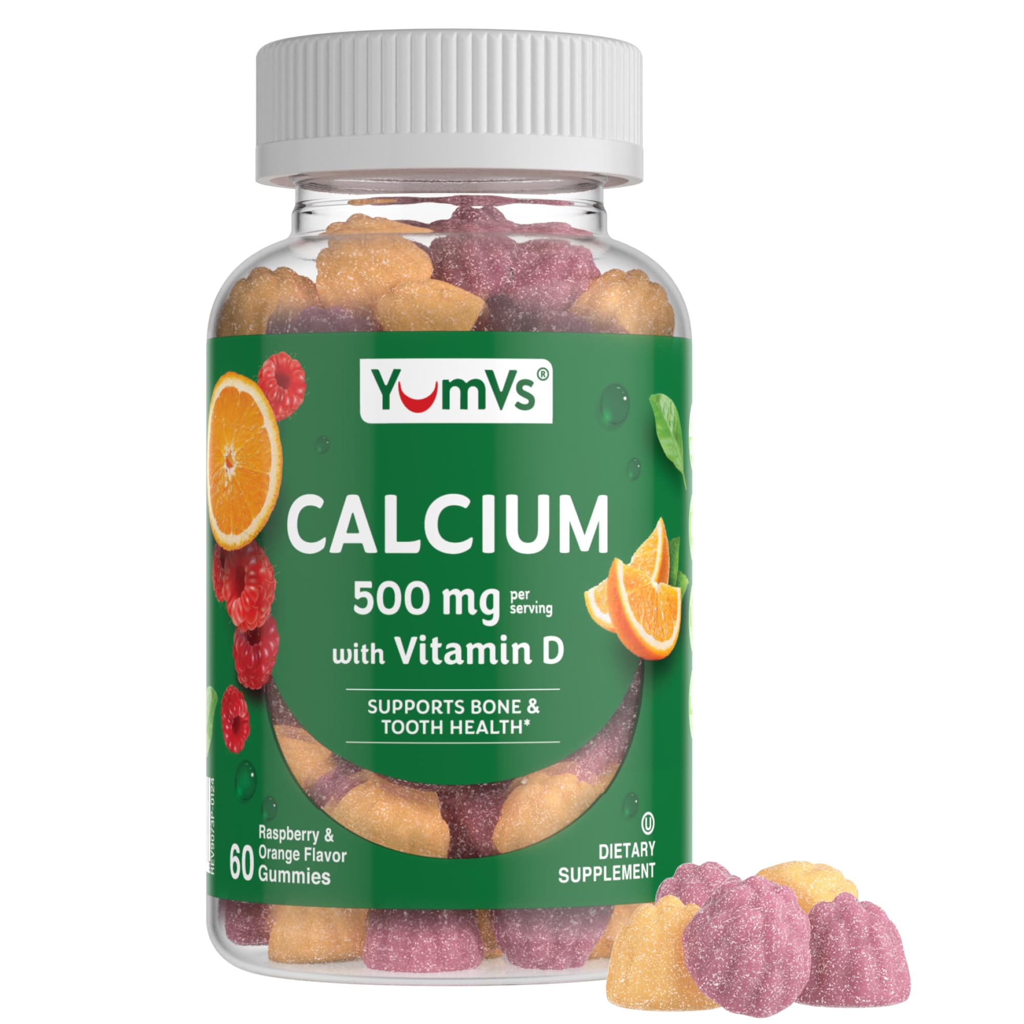 YumVs Calcium 500mg with Vitamin D3 - Raspberry & Orange Flavor Calcium Vitamin D Gummies, Chewable Calcium Supplement for Kids & Adults, Vitamin D Calcium Gummies, Kosher Halal Gluten Free (60 Count)