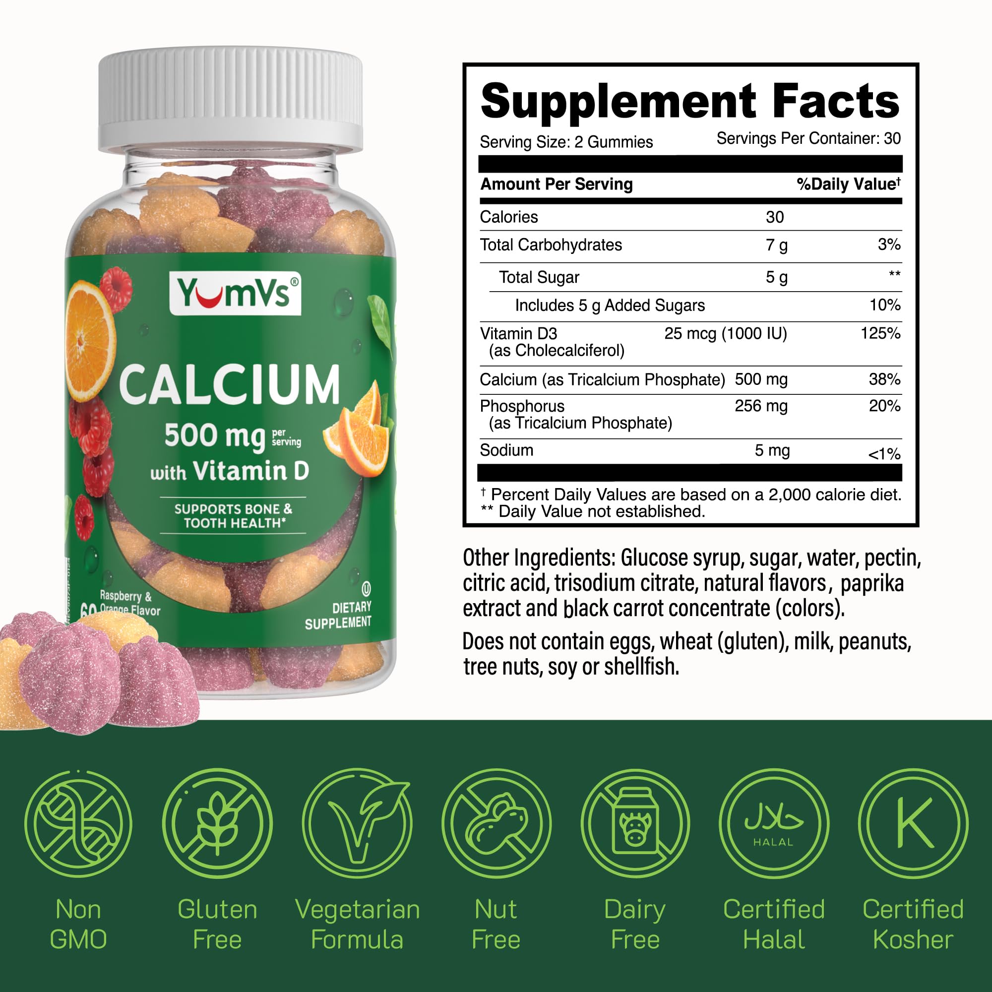 YumVs Calcium 500mg with Vitamin D3 - Raspberry & Orange Flavor Calcium Vitamin D Gummies, Chewable Calcium Supplement for Kids & Adults, Vitamin D Calcium Gummies, Kosher Halal Gluten Free (60 Count)