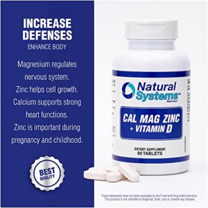 Calcium Magnesium Zinc Vitamin D Supplement 60 Tablets by Natural Systems - Calcium Magnesium Zinc and Vit D Supplements for Strong Immune System - Magnesium Supplement for The Immune System