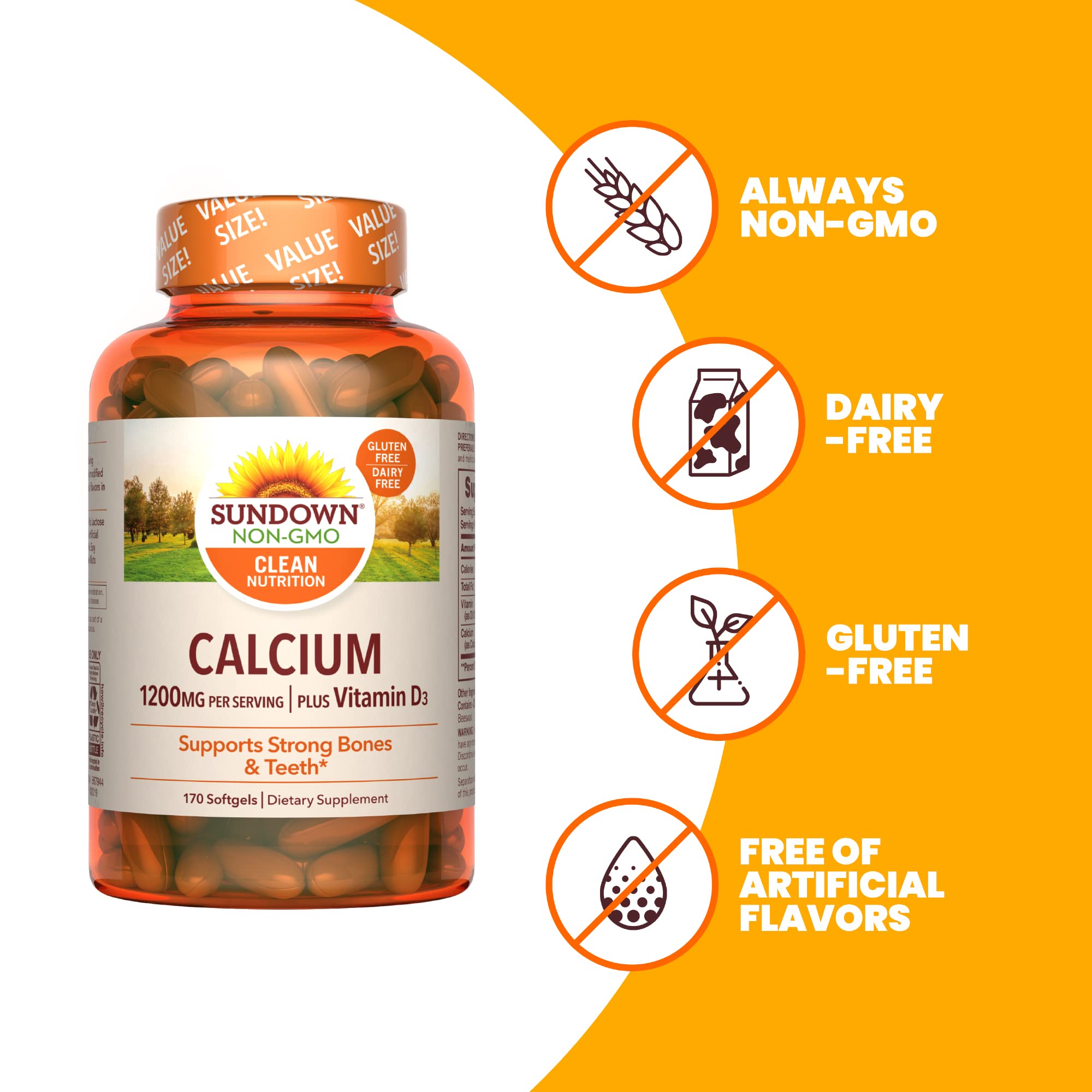 Sundown Calcium 1200 mg Plus Vitamin D3, Supports Bone, Teeth, and Immune Health, 170 Softgels