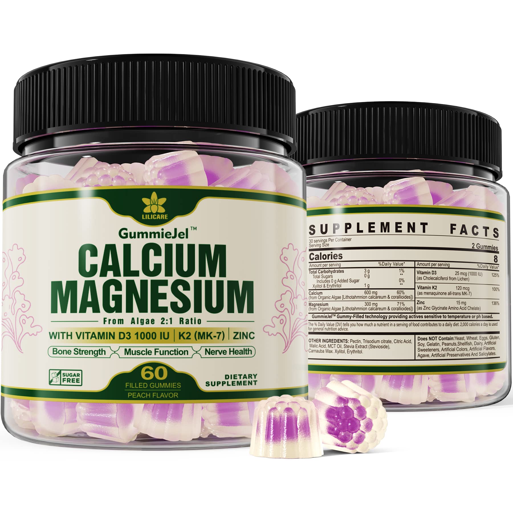 Plant Based Calcium Supplement 600mg with Vitamin D3 K2, Zinc for Bone Strength, Sustainably Sourced Algae Calcium Magnesium 2:1 Ratio, Sugar Free Calcium Gummies 70+ Trace Minerals, Vegan, 60 Counts