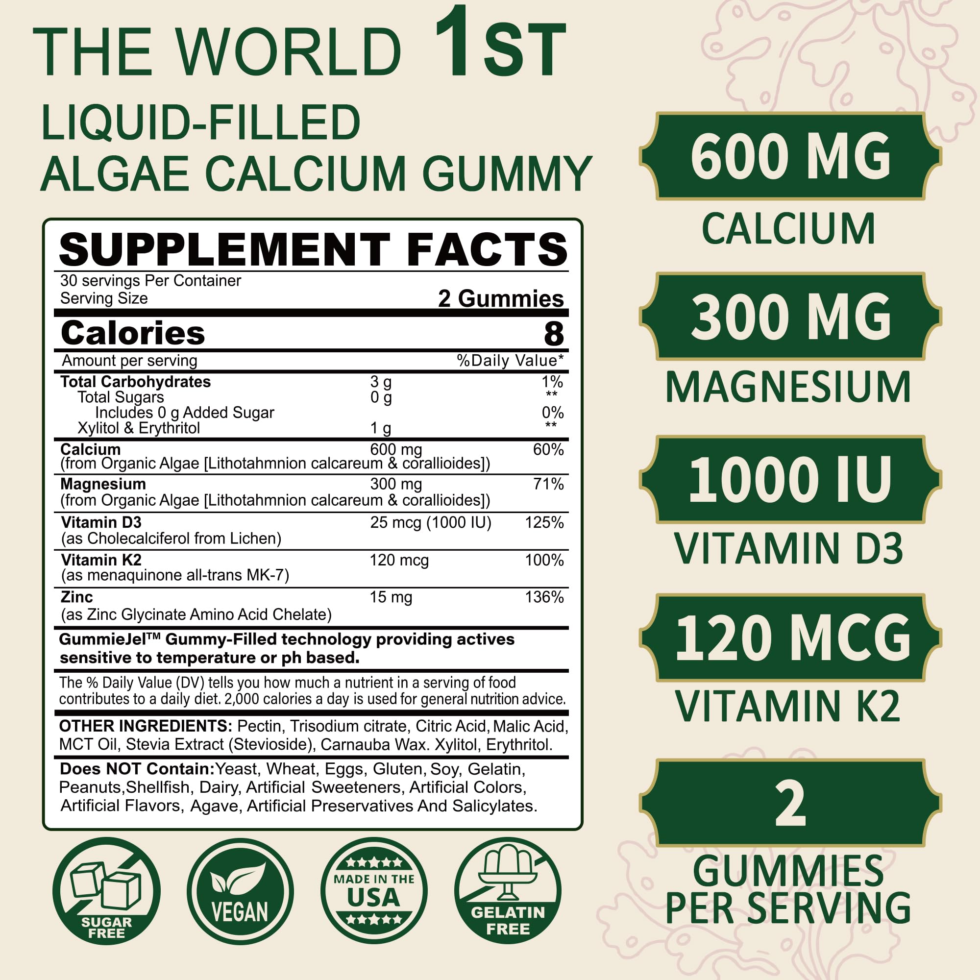 Plant Based Calcium Supplement 600mg with Vitamin D3 K2, Zinc for Bone Strength, Sustainably Sourced Algae Calcium Magnesium 2:1 Ratio, Sugar Free Calcium Gummies 70+ Trace Minerals, Vegan, 60 Counts