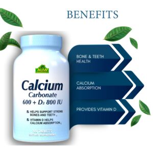 CALCIUM 600mg + D3 Dietary Supplement by ALFA Vitamins - Promotes Healthy Bones - Healthy Teeth - Healthy Heart - Healthy Nervous System -100 Tablets