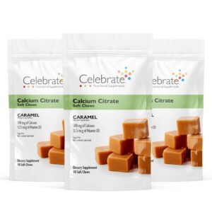 celebrate vitamins calcium citrate soft chews - 500mg calcium citrate, 500 iu vitamin d3 - bone health support - sugar & gluten free, calcium supplement after bariatric surgery, caramel, 270 count