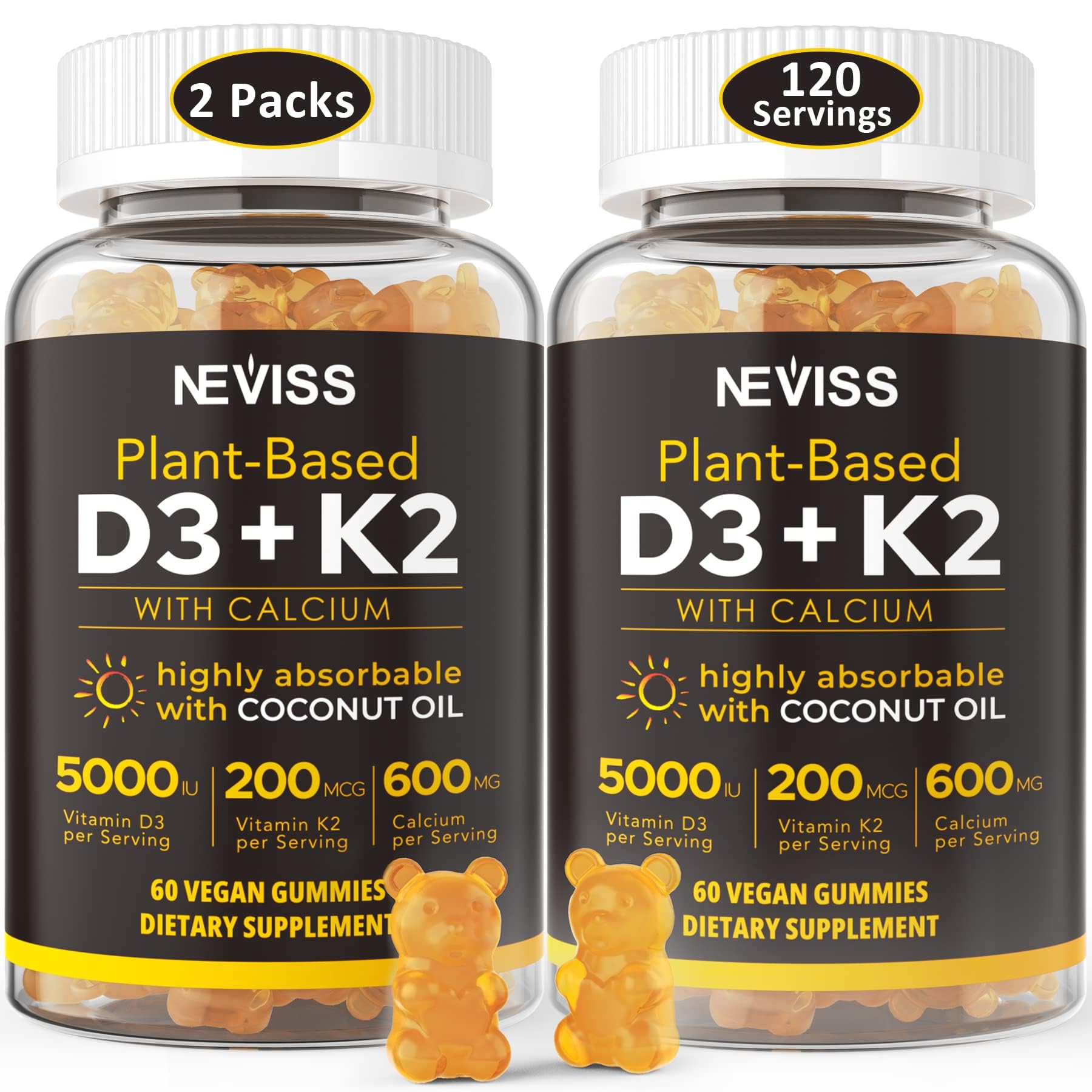 Vitamin D3 5000iu & K2( as MK7 ) 200mcg Gummies + 600mg Calcium, with Coconut Oil for High Absorption, Maximum Strength Vitamin D3 K2 Supplement - Support for Bones Muscle Teeth Immune, Vegan 2Packs