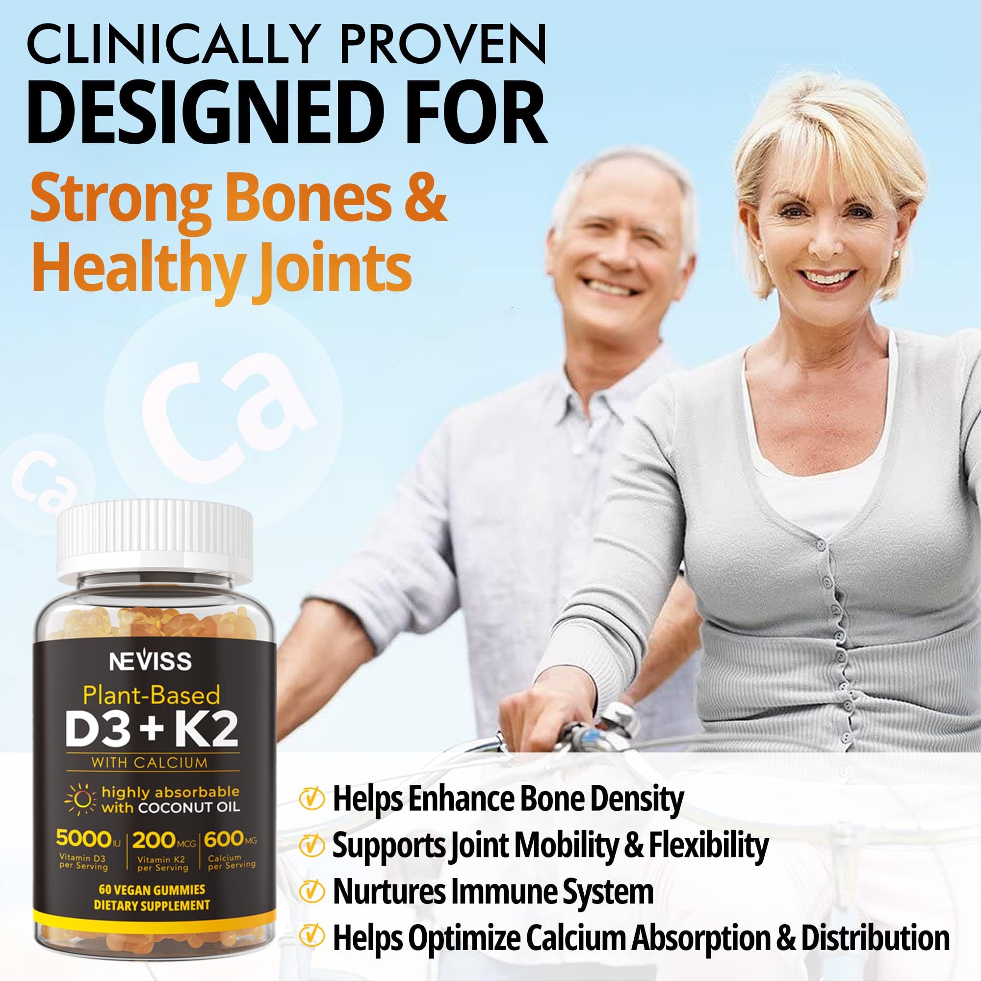 Vitamin D3 5000iu & K2( as MK7 ) 200mcg Gummies + 600mg Calcium, with Coconut Oil for High Absorption, Maximum Strength Vitamin D3 K2 Supplement - Support for Bones Muscle Teeth Immune, Vegan 2Packs