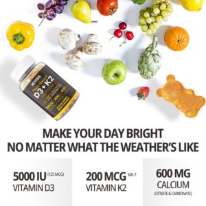 Vitamin D3 5000iu & K2( as MK7 ) 200mcg Gummies + 600mg Calcium, with Coconut Oil for High Absorption, Maximum Strength Vitamin D3 K2 Supplement - Support for Bones Muscle Teeth Immune, Vegan 2Packs