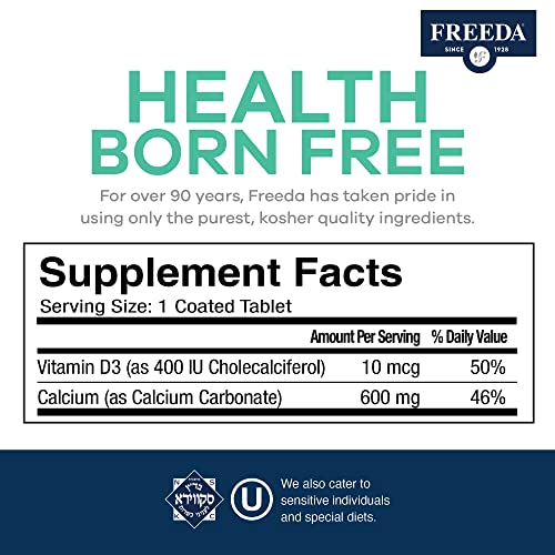 Freeda Calcium 600 mg Vitamin D3 400 IU Tablets - Bone Support Calcium Supplement plus Vitamin D for Absorption - Kosher, Gluten Free Easy To Swallow Coated Calcium D3 Tablets for Women & Men (100 Ct)