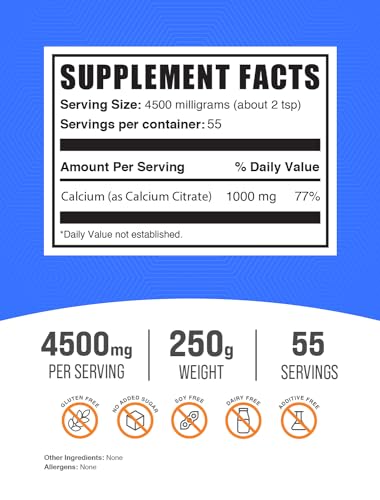 BulkSupplements.com Calcium Citrate Powder - Calcium Citrate Supplement, Calcium Citrate 1000mg - Gluten Free, 4500mg (1000mg Calcium) per Serving, 250g (8.8 oz) (Pack of 1)