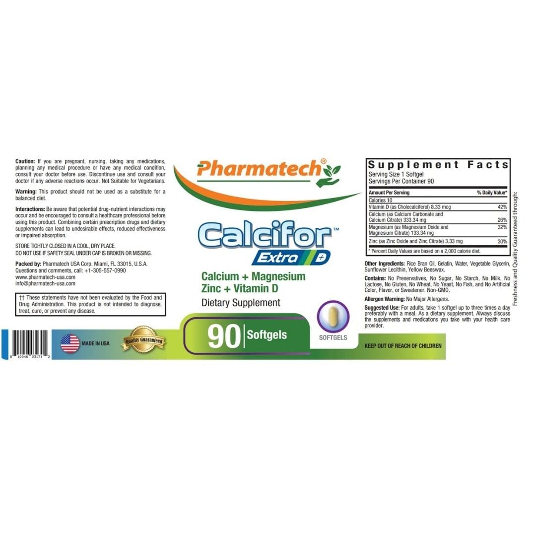 Calcium, Magnesium, Zinc, Plus Vitamin D3, Bone and Teeth Health Supplement Women, Immune System, Gluten Free, Sugar Free, 90 Softgels, Calcifor Extra by Pharmatech ®