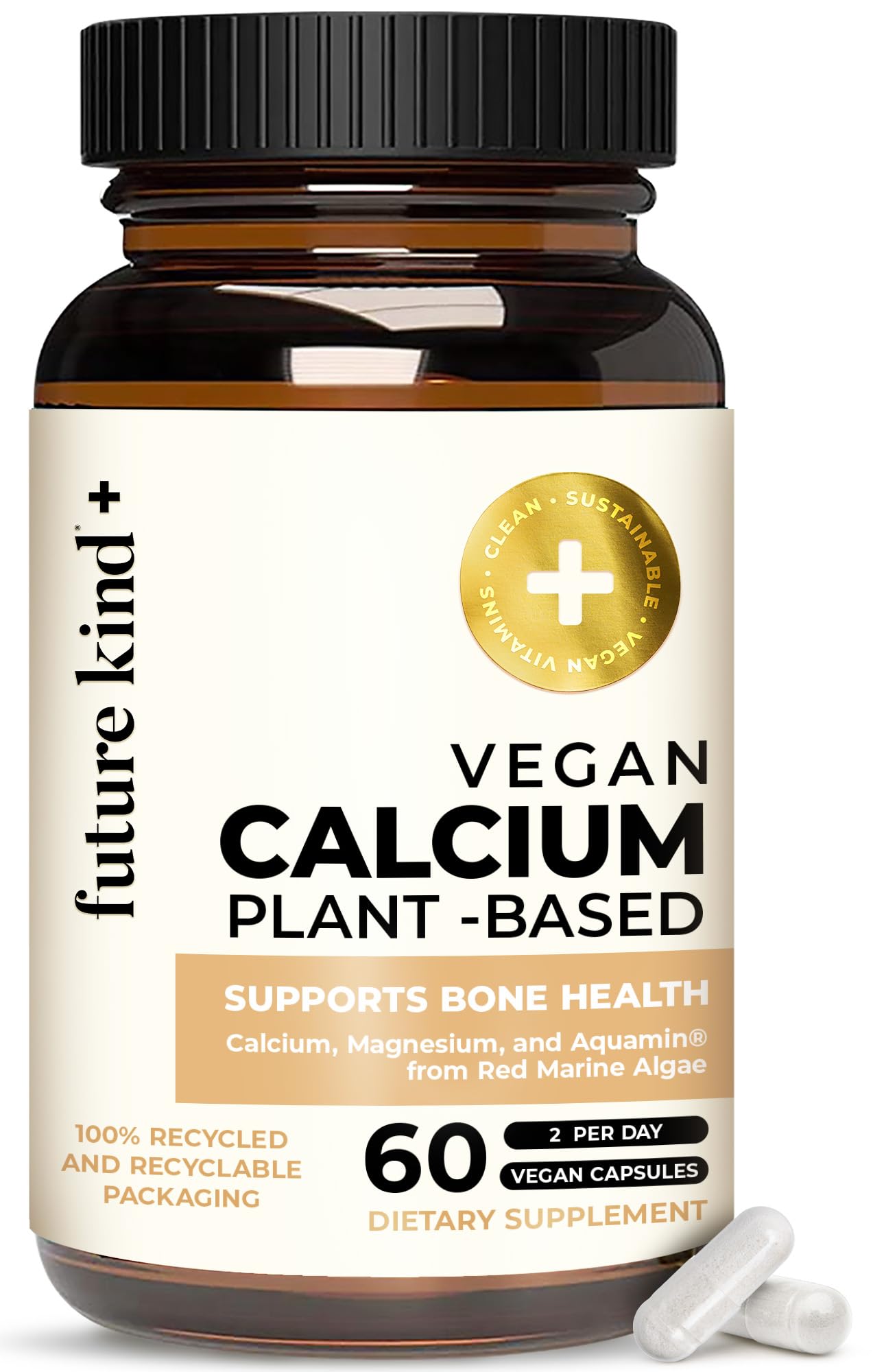 Future Kind Vegan Calcium Supplement (60 Capsules) - Plant-Based Calcium Magnesium Supplement Sourced from Iceland for Teeth and Bone Support - Calcium Supplements for Women & Men