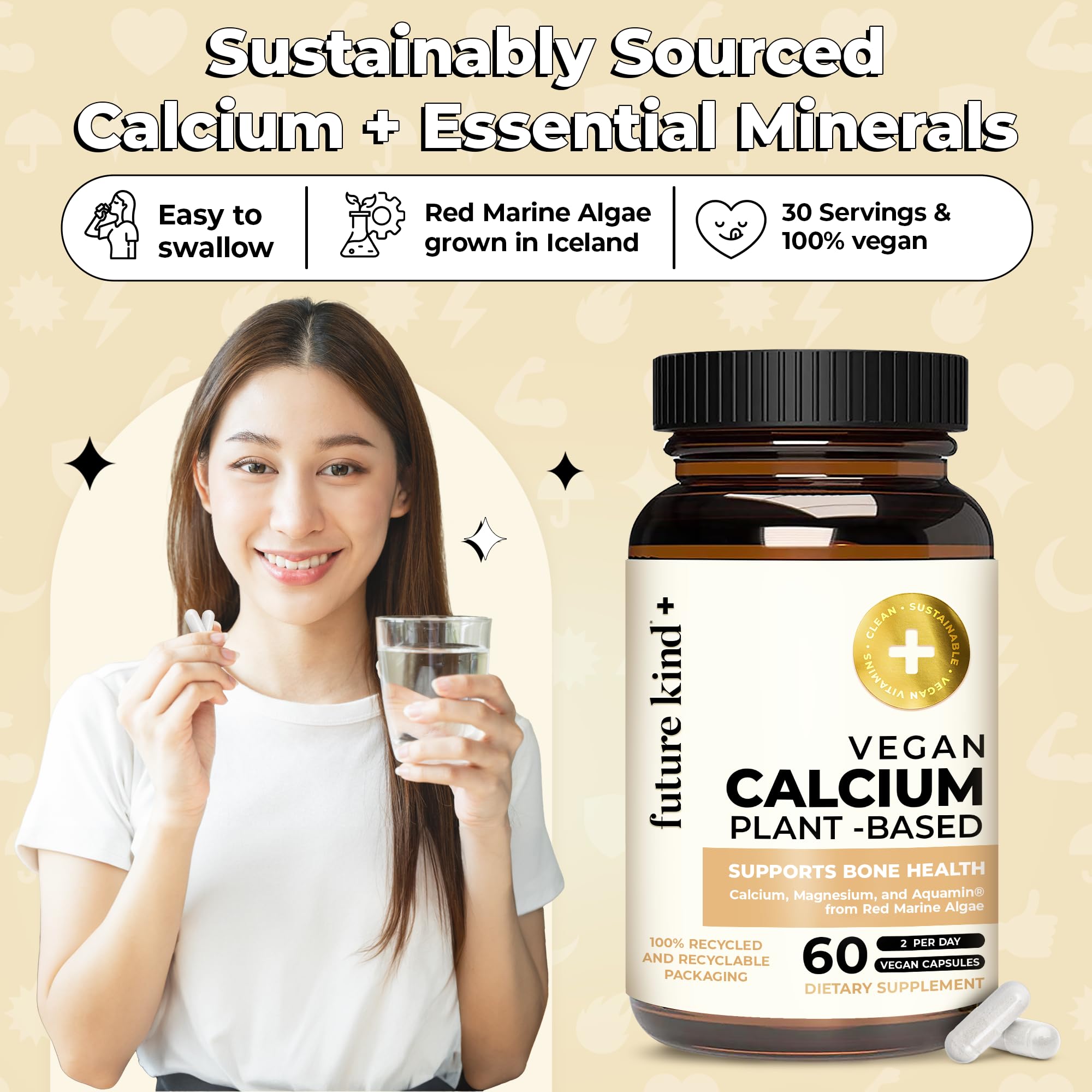 Future Kind Vegan Calcium Supplement (60 Capsules) - Plant-Based Calcium Magnesium Supplement Sourced from Iceland for Teeth and Bone Support - Calcium Supplements for Women & Men