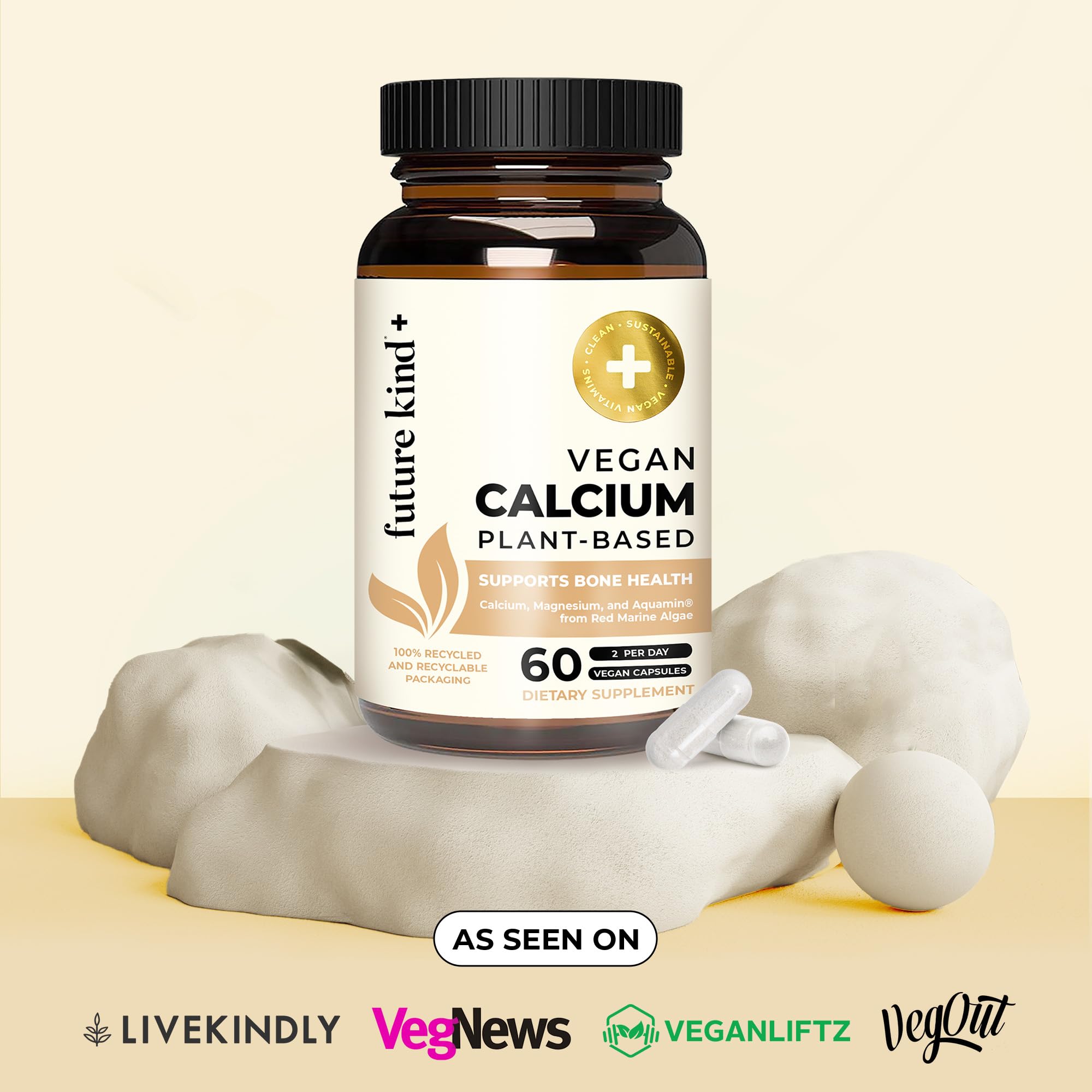 Future Kind Vegan Calcium Supplement (60 Capsules) - Plant-Based Calcium Magnesium Supplement Sourced from Iceland for Teeth and Bone Support - Calcium Supplements for Women & Men