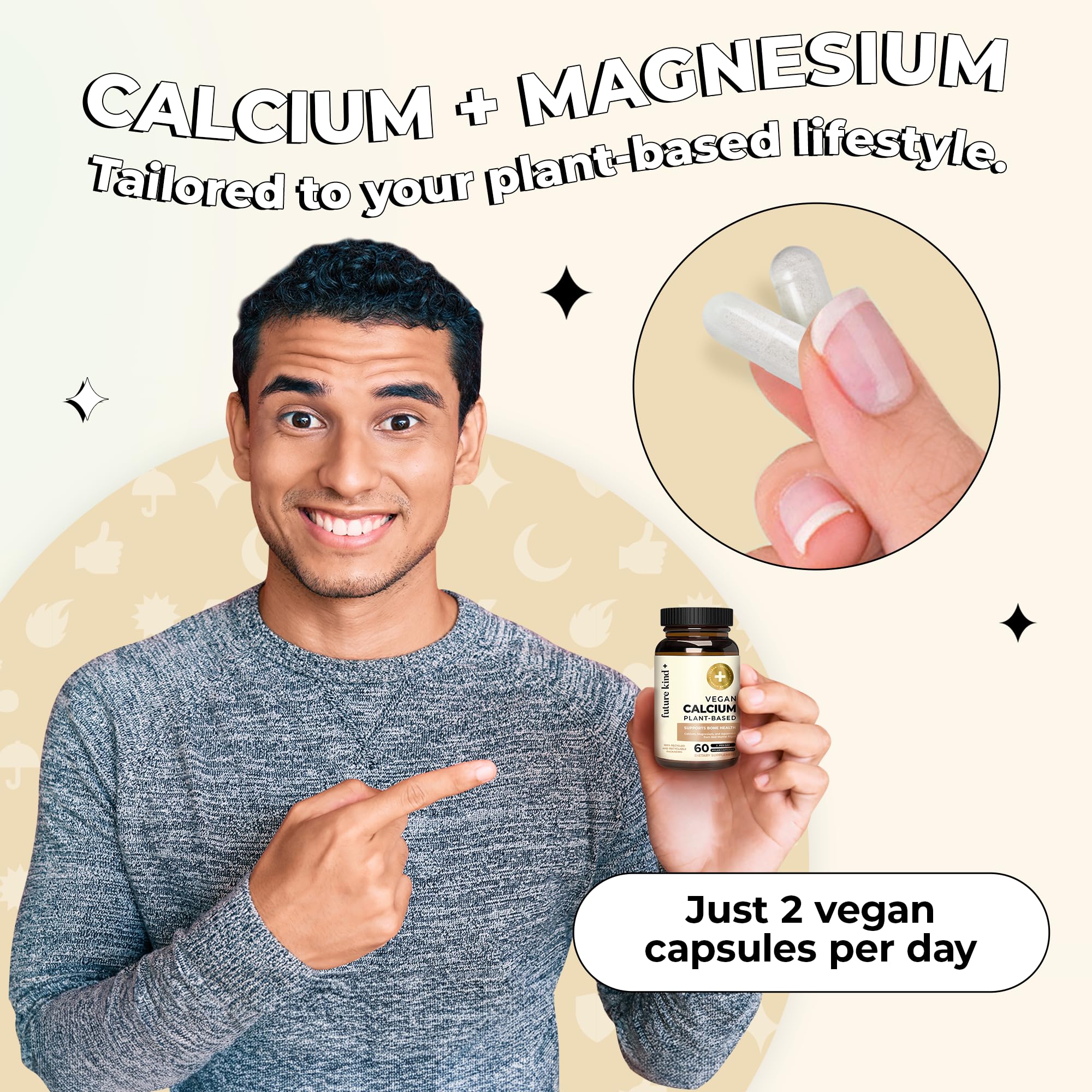 Future Kind Vegan Calcium Supplement (60 Capsules) - Plant-Based Calcium Magnesium Supplement Sourced from Iceland for Teeth and Bone Support - Calcium Supplements for Women & Men