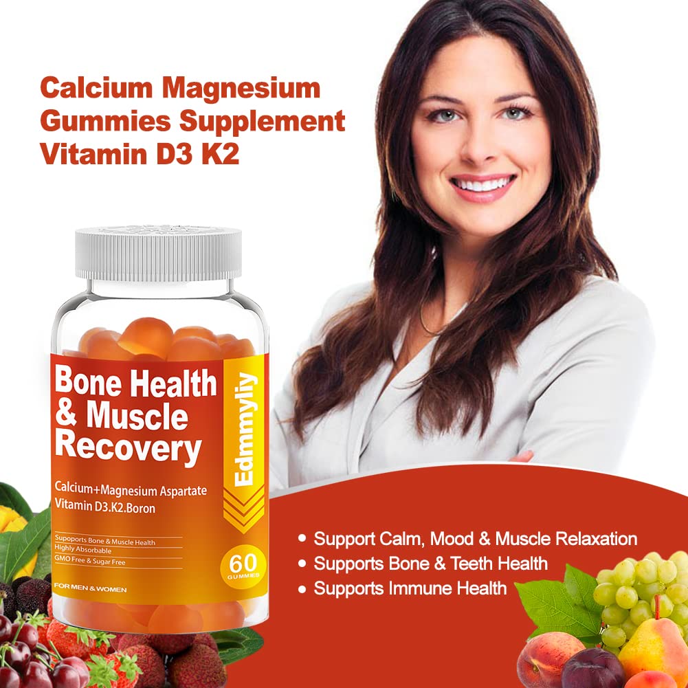 Calcium Magnesium Gummies Supplement for Adults With Vitamin D3 K2 High Absorption Magnesium Glycinate 200mg Calcium Citrate 600mg Supplements for Bone, Muscles, Calm, Mood, Vegan, Gluten-Free,Non-GMO