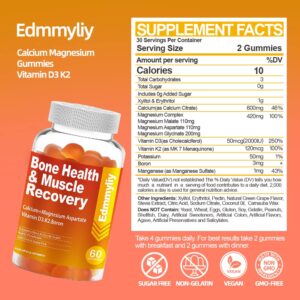 Calcium Magnesium Gummies Supplement for Adults With Vitamin D3 K2 High Absorption Magnesium Glycinate 200mg Calcium Citrate 600mg Supplements for Bone, Muscles, Calm, Mood, Vegan, Gluten-Free,Non-GMO