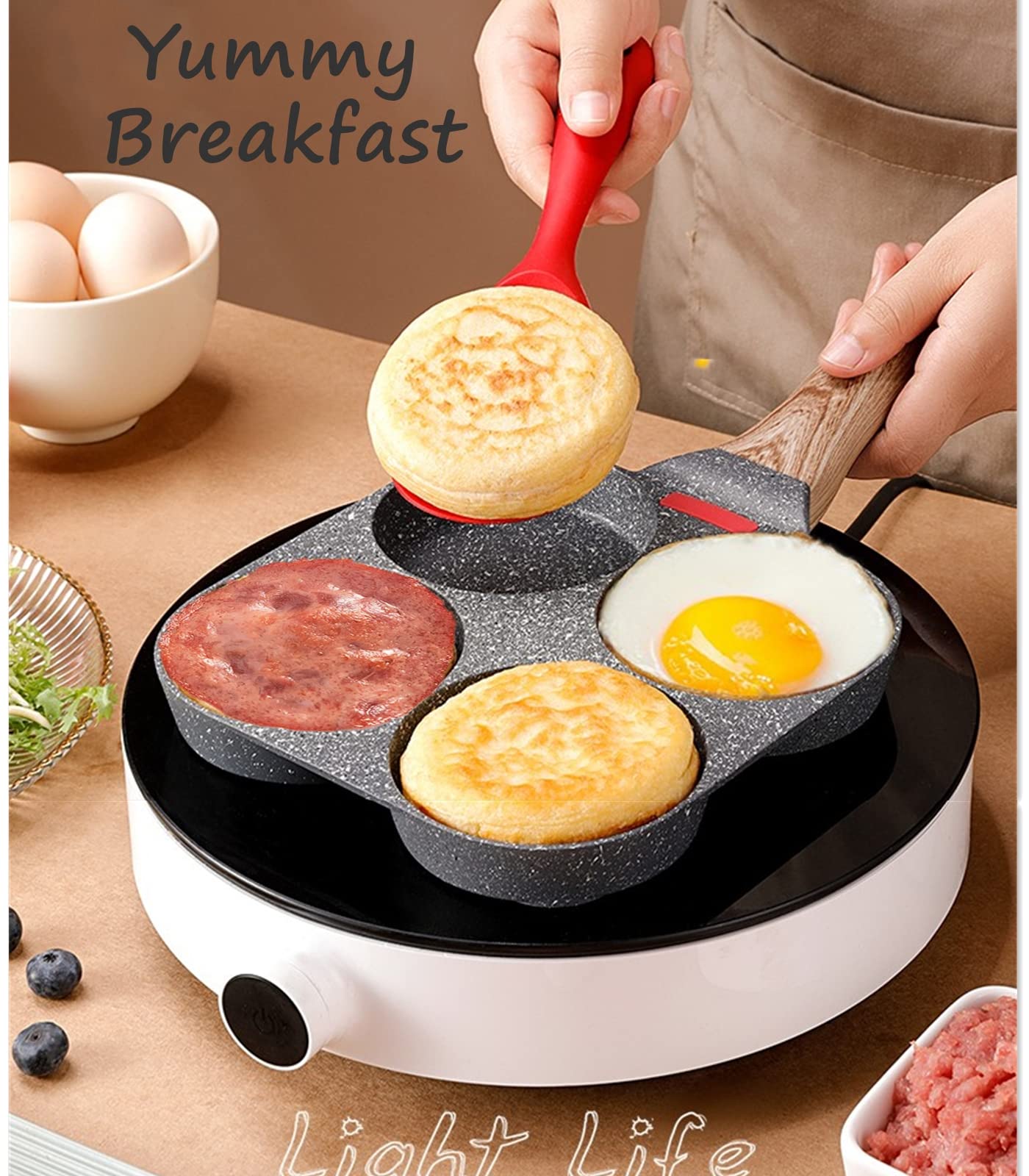 HUPECHAM 4-Cup Egg Pan Nonstick, and Healthy Granite Egg Frying Pan, Versatile Breakfast Skillet for Eggs, Pancakes, Plett, Crepes, Compatible with Gas Stove and Induction Cooktop