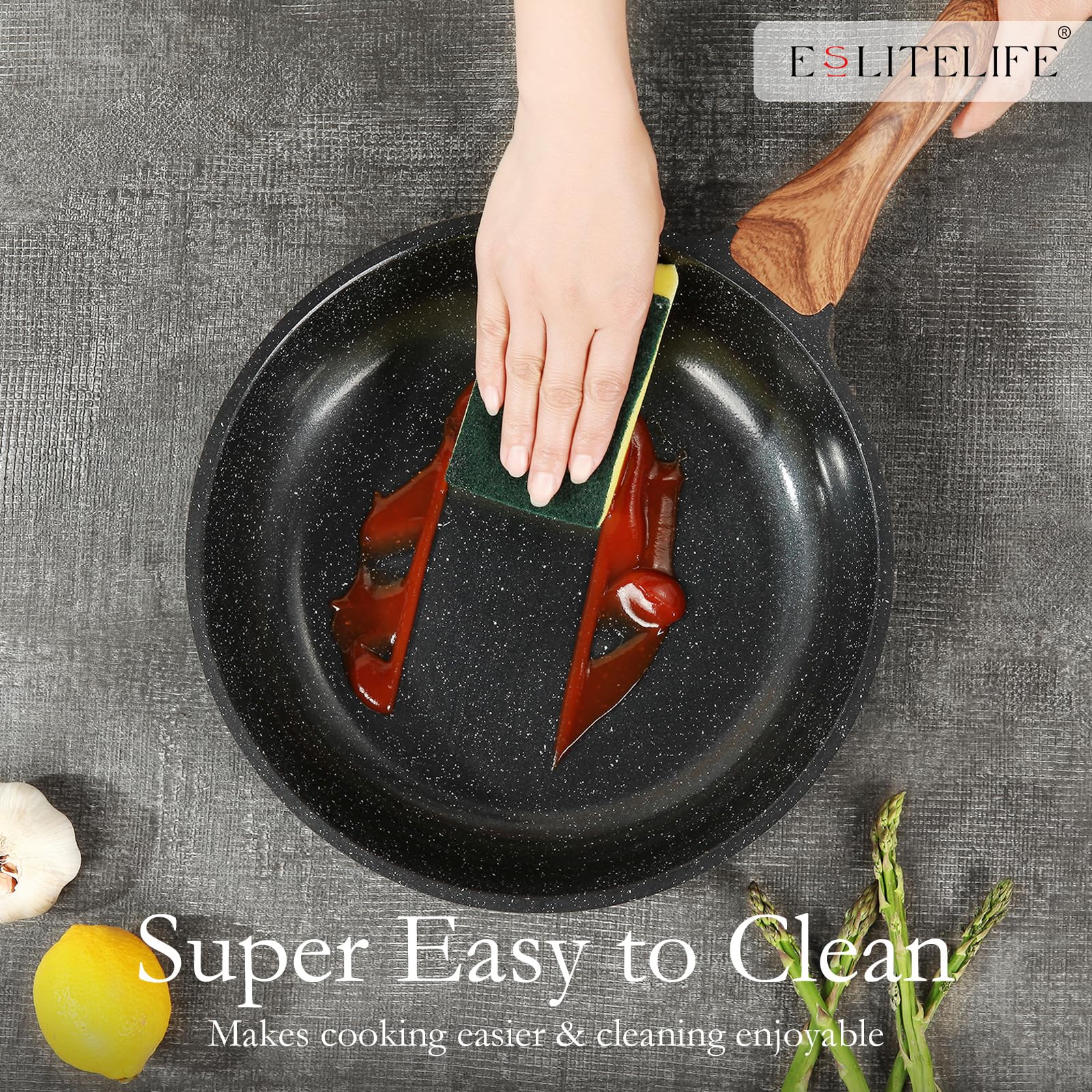 ESLITE LIFE Nonstick Ceramic Frying Pans Skillets Set, Non-Toxic Egg Omelette Kitchen Cooking Pans Compatible with All Stovetops (Gas, Electric & Induction), PTFE & PFOA Free (Black)