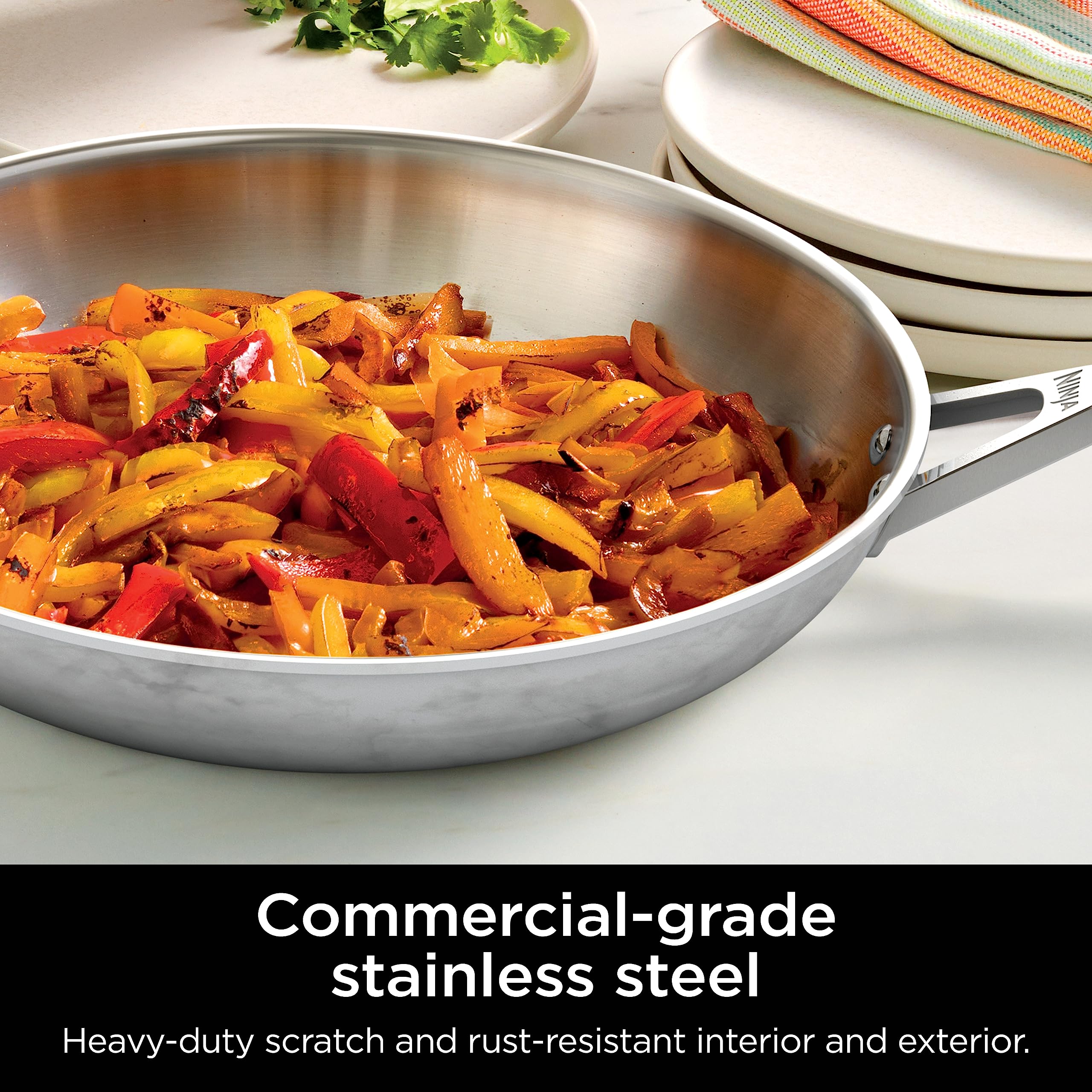 Ninja C90026 EverClad Commercial-Grade Stainless Steel 10.25" Fry Pan, Tri-Ply Pans, Oven Safe to 600°F, PFAS Safe, All Stovetops & Induction Compatible, Stainless