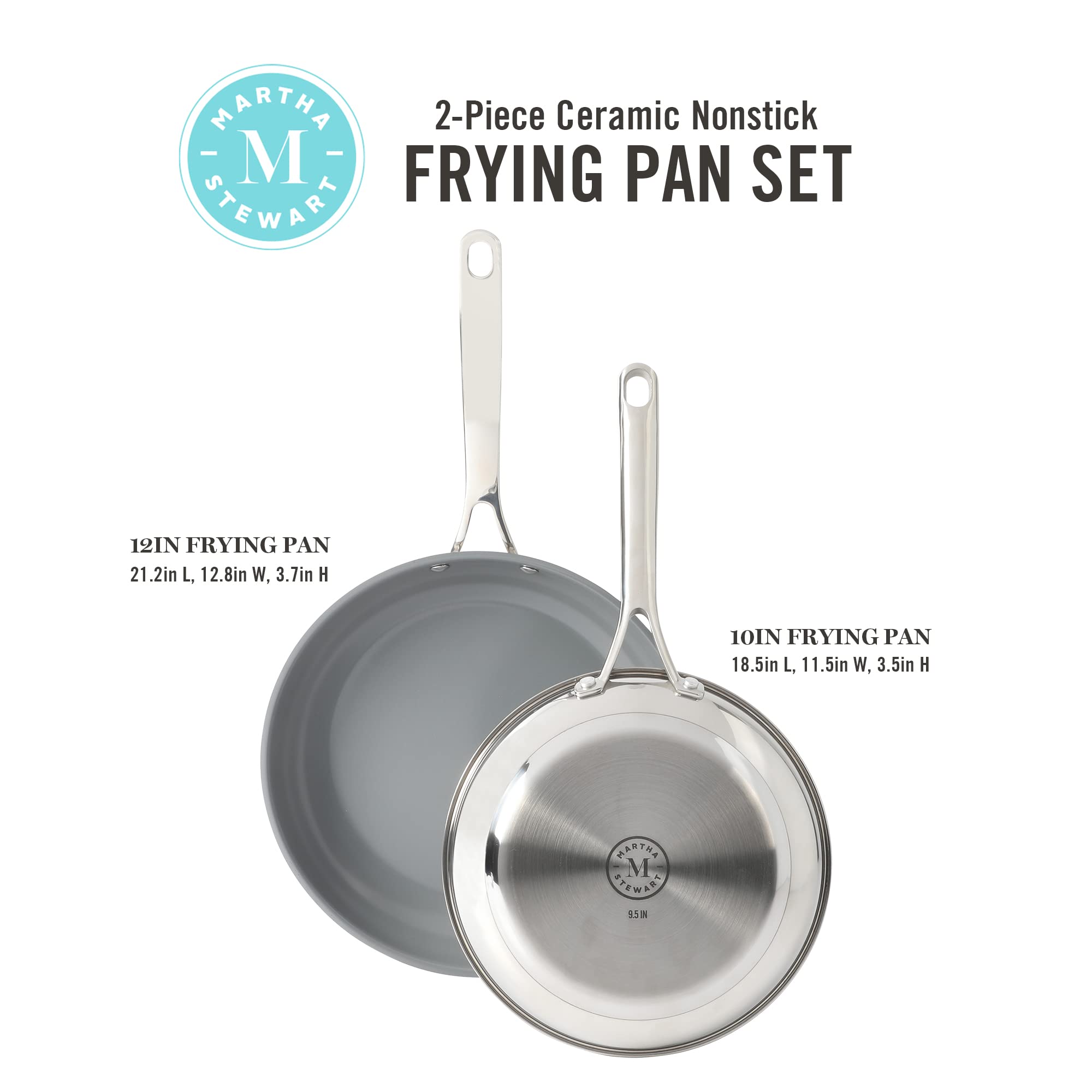 Martha Stewart Delaroux Stainless Steel 9.5" & 12" PFAs Free Premium Ceramic Nonstick Fry Pan Set