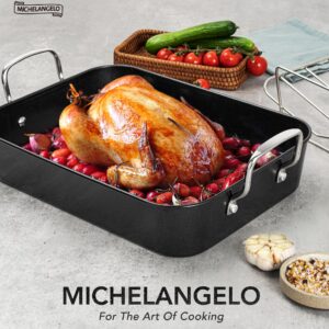 MICHELANGELO Roasting Pan with Rack, Carbon Steel Turkey Roasting Pan for Oven and Induction, Nonstick Turkey Roaster Pan with Stainless Steel Rack, 15 Inch x 11 Inch